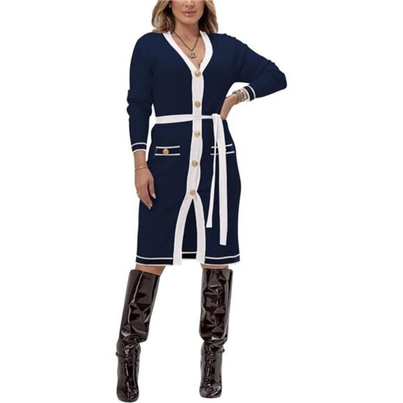 Navy Sexy Button Down Midi Sweater Dress V-Neck Colorblock Knit Sweater Dress - Picture 3 of 7